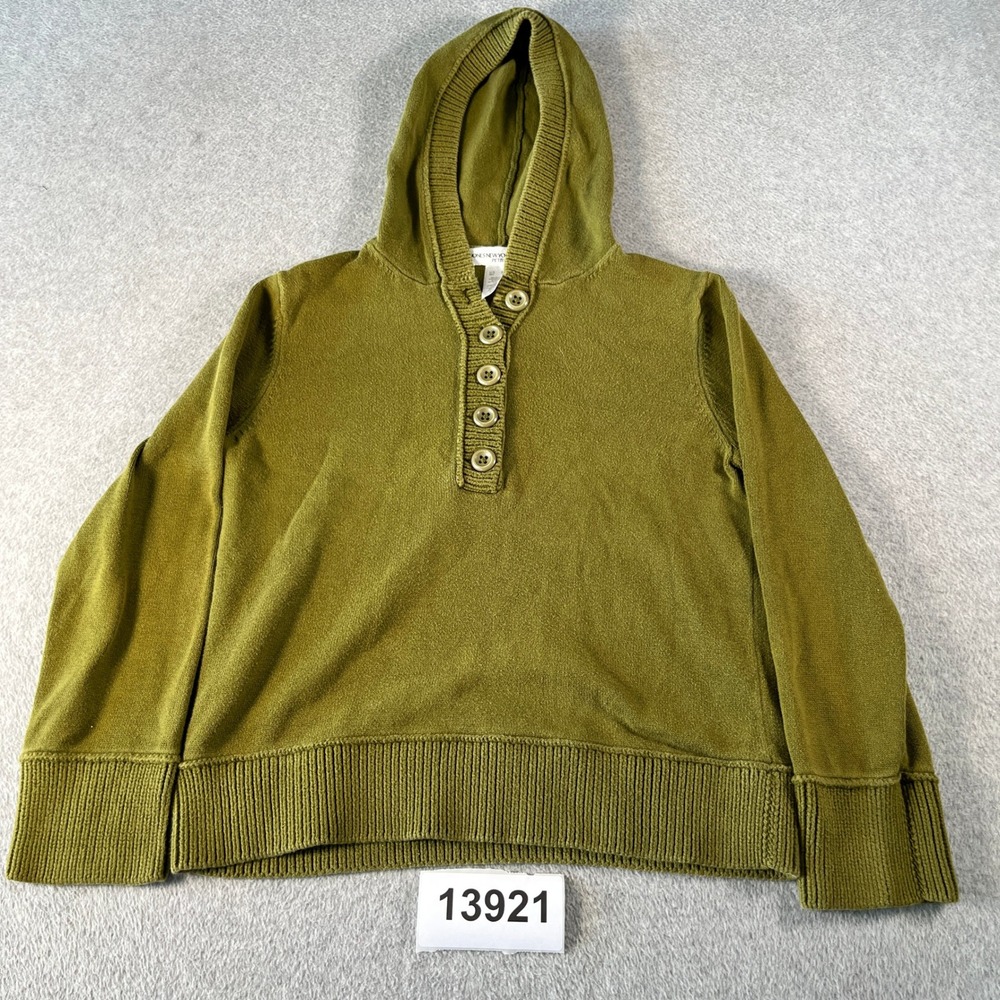 Jones New York Sport Henley Hoodie Womens PM Green Cotton Ribbed Trim Casual